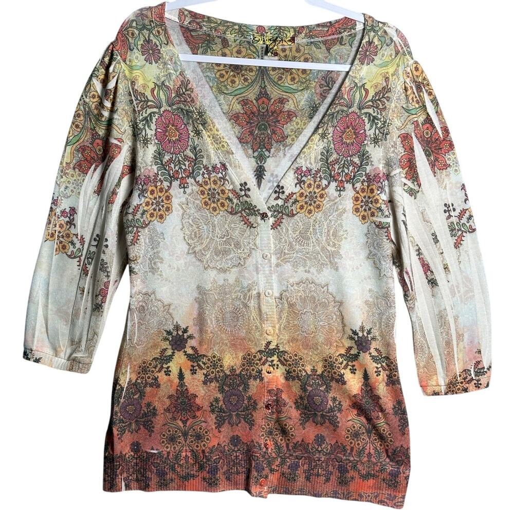 Debbie Morgan Sz L Floral Button Front Cardigan Sweater Lighweight Art to Wear